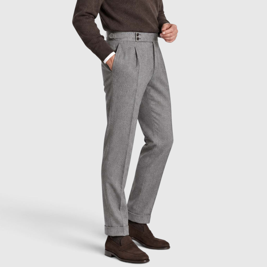 Monvaline | Men’s High Rise Flannel Wool Trousers - Semi-Slim Tailored Fit
