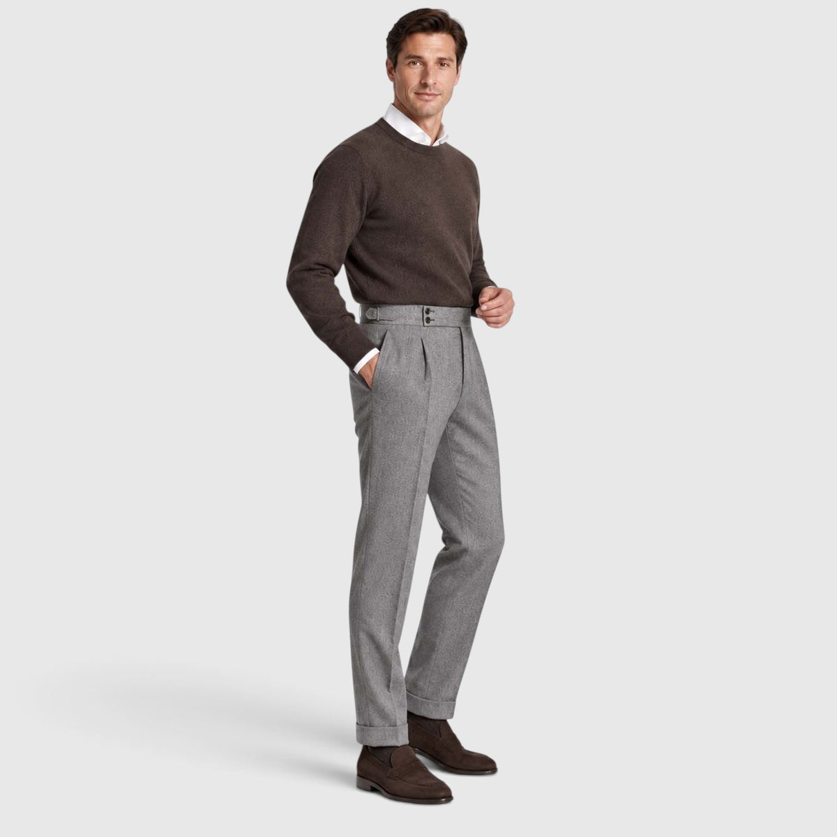 Monvaline | Men’s High Rise Flannel Wool Trousers - Semi-Slim Tailored Fit