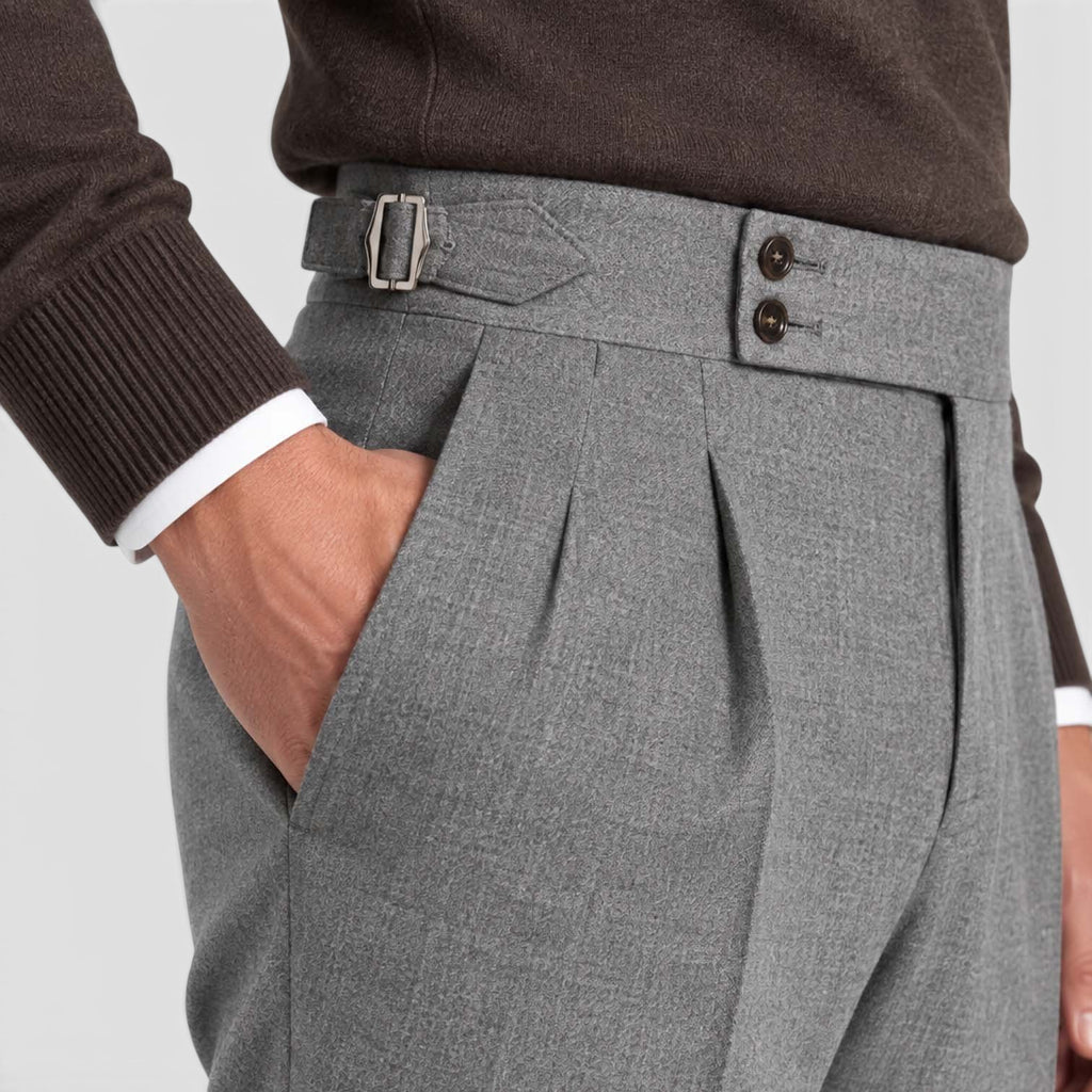 Monvaline | Men’s High Rise Flannel Wool Trousers - Semi-Slim Tailored Fit