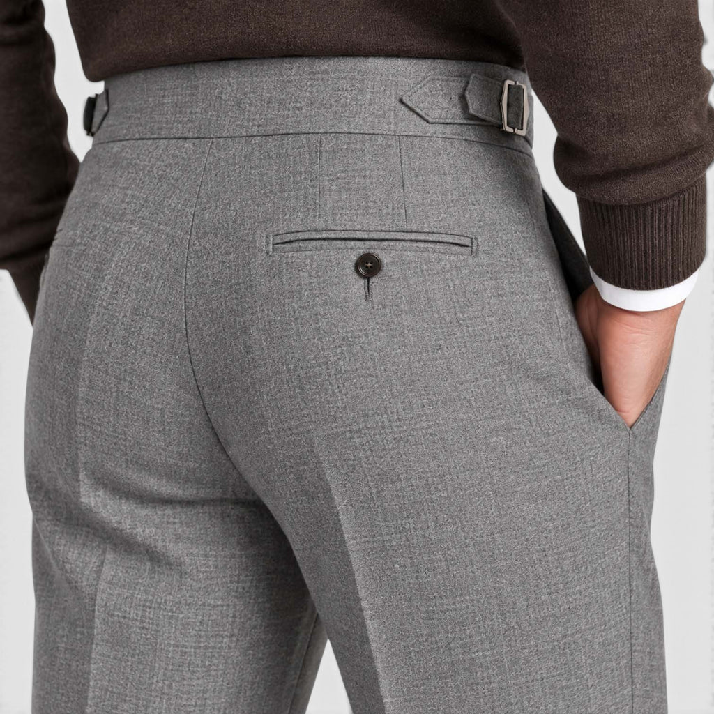 Monvaline | Men’s High Rise Flannel Wool Trousers - Semi-Slim Tailored Fit