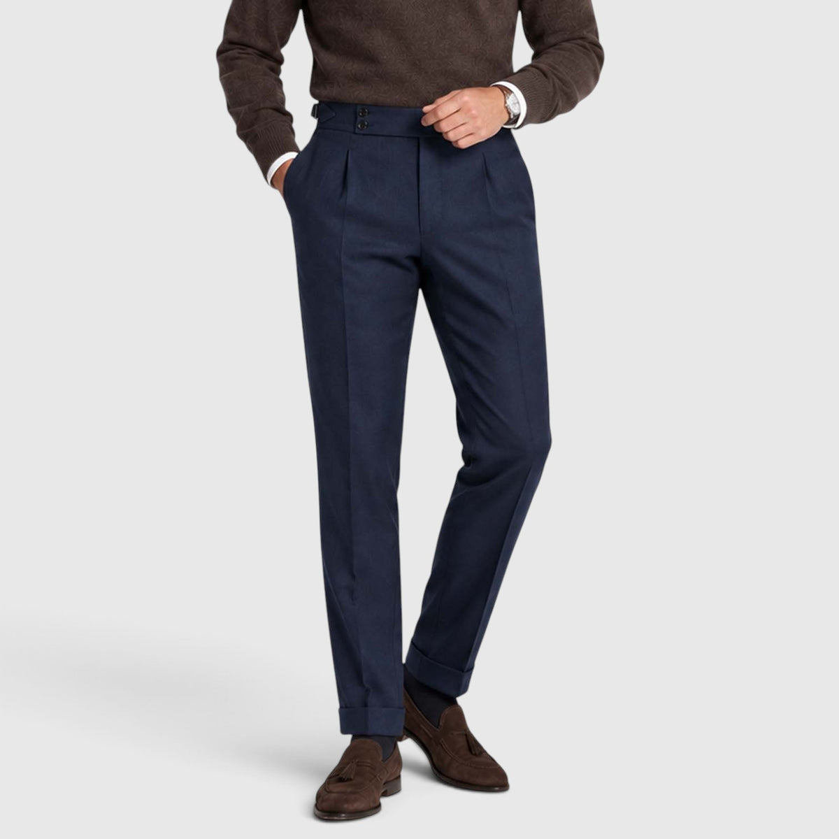 Monvaline | Men’s High Rise Flannel Wool Trousers - Semi-Slim Tailored Fit