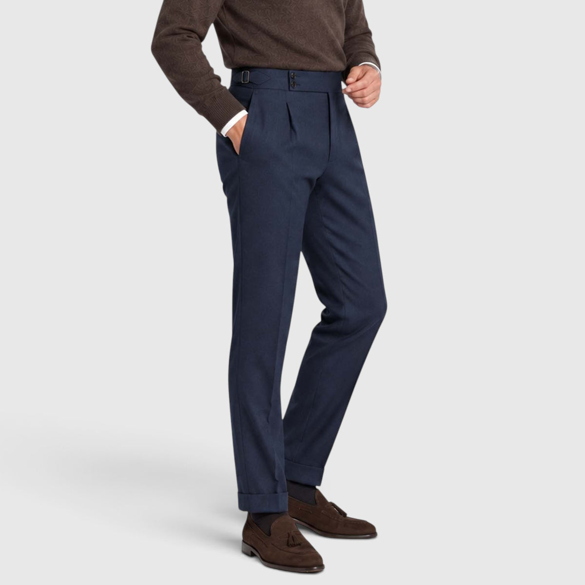 Monvaline | Men’s High Rise Flannel Wool Trousers - Semi-Slim Tailored Fit