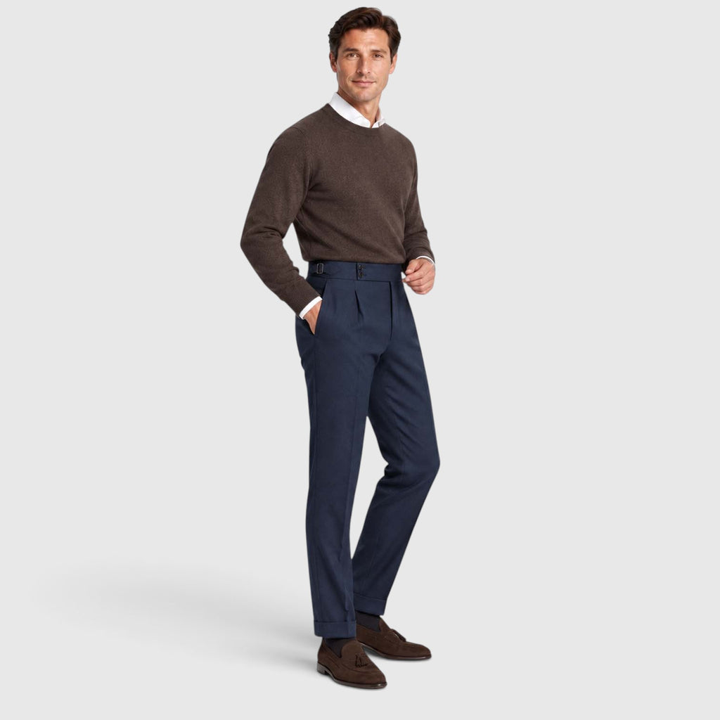 Monvaline | Men’s High Rise Flannel Wool Trousers - Semi-Slim Tailored Fit