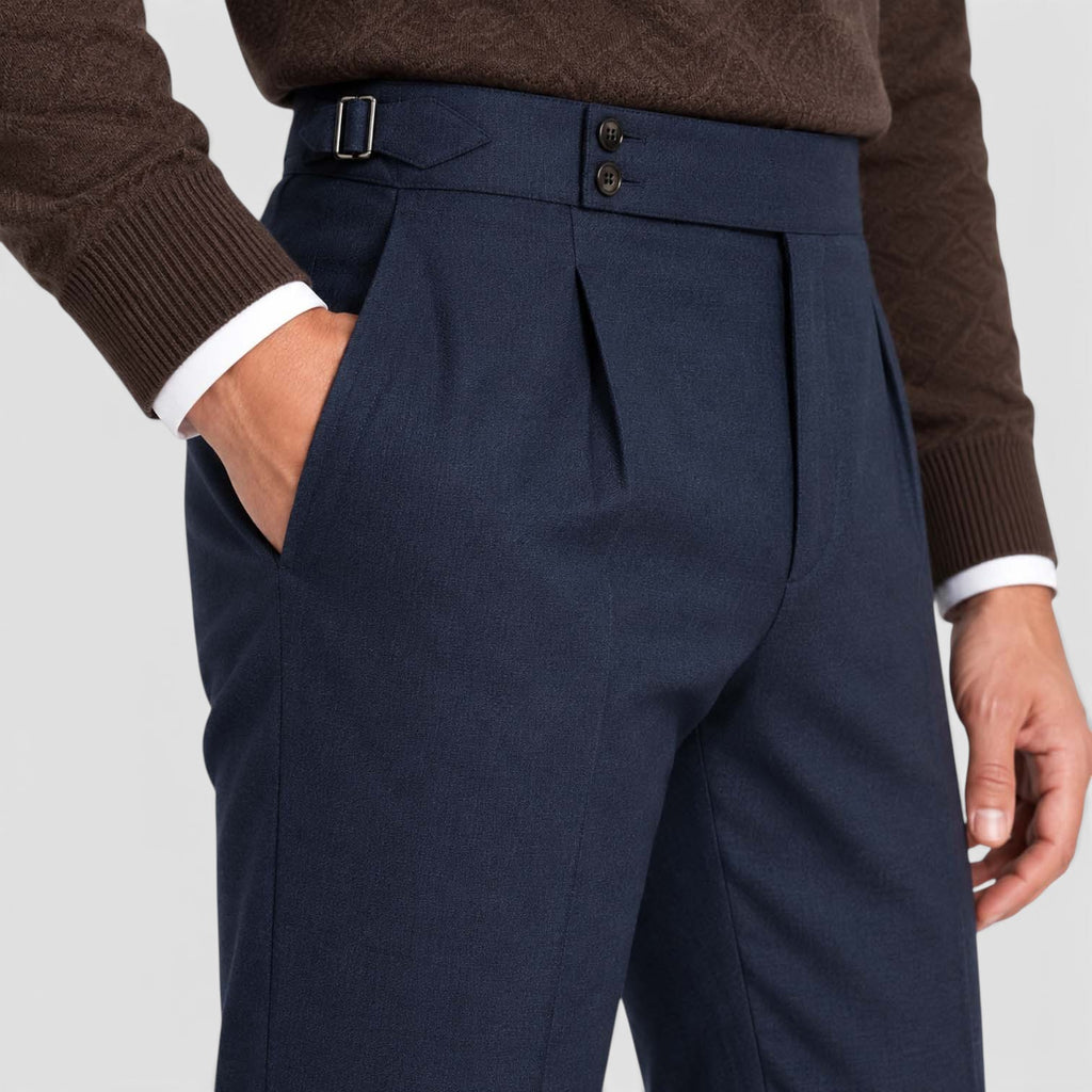 Monvaline | Men’s High Rise Flannel Wool Trousers - Semi-Slim Tailored Fit