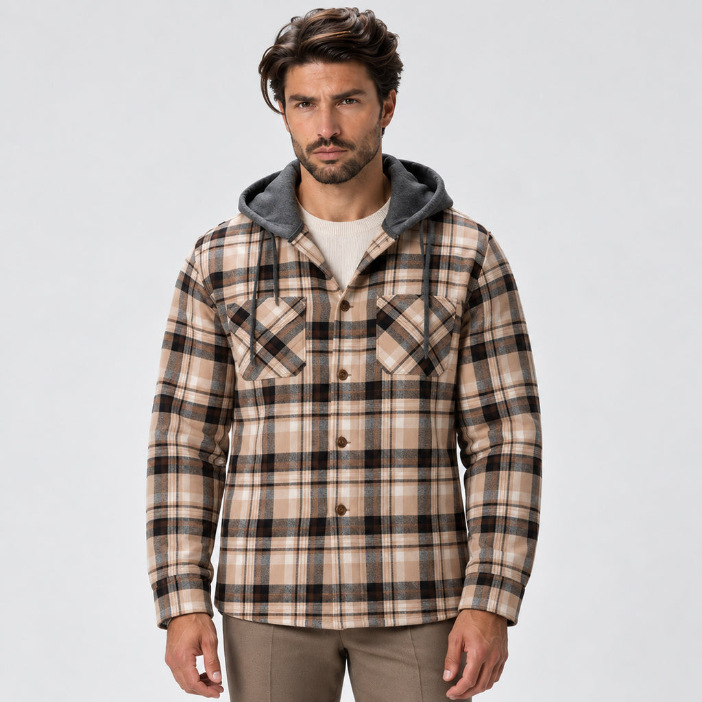 Monvaline | Men’s Hooded Flannel Overshirt – Checked Button-Up