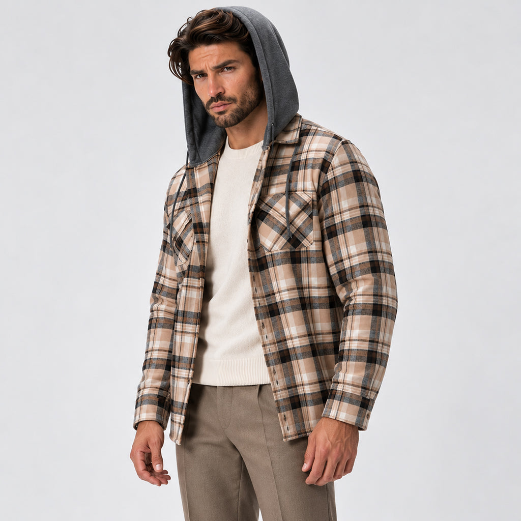 Monvaline | Men’s Hooded Flannel Overshirt – Checked Button-Up