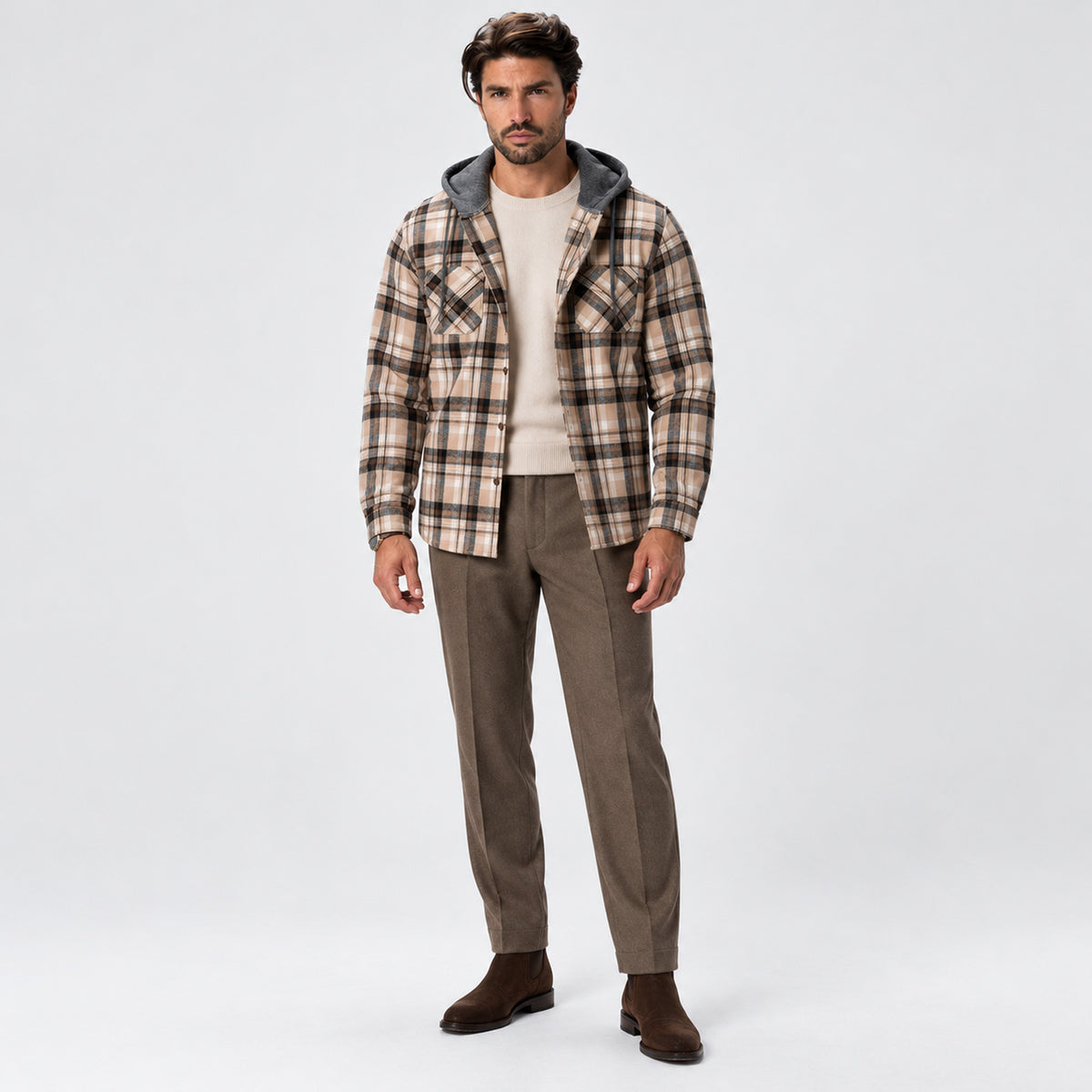 Monvaline | Men’s Hooded Flannel Overshirt – Checked Button-Up