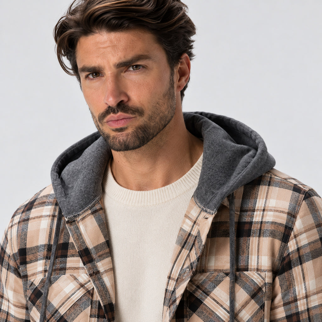 Monvaline | Men’s Hooded Flannel Overshirt – Checked Button-Up