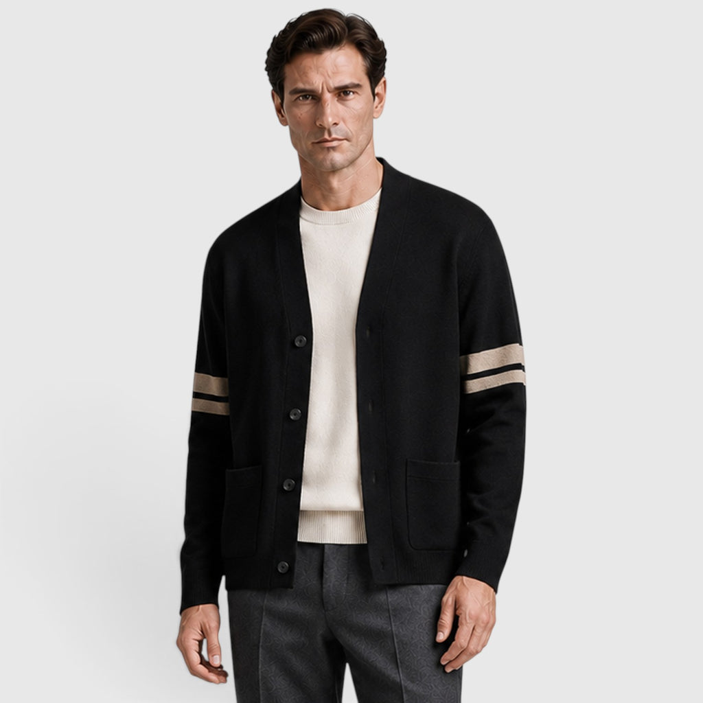 Monvaline | Men’s Knitted Cardigan – Stripe Detail Button Front