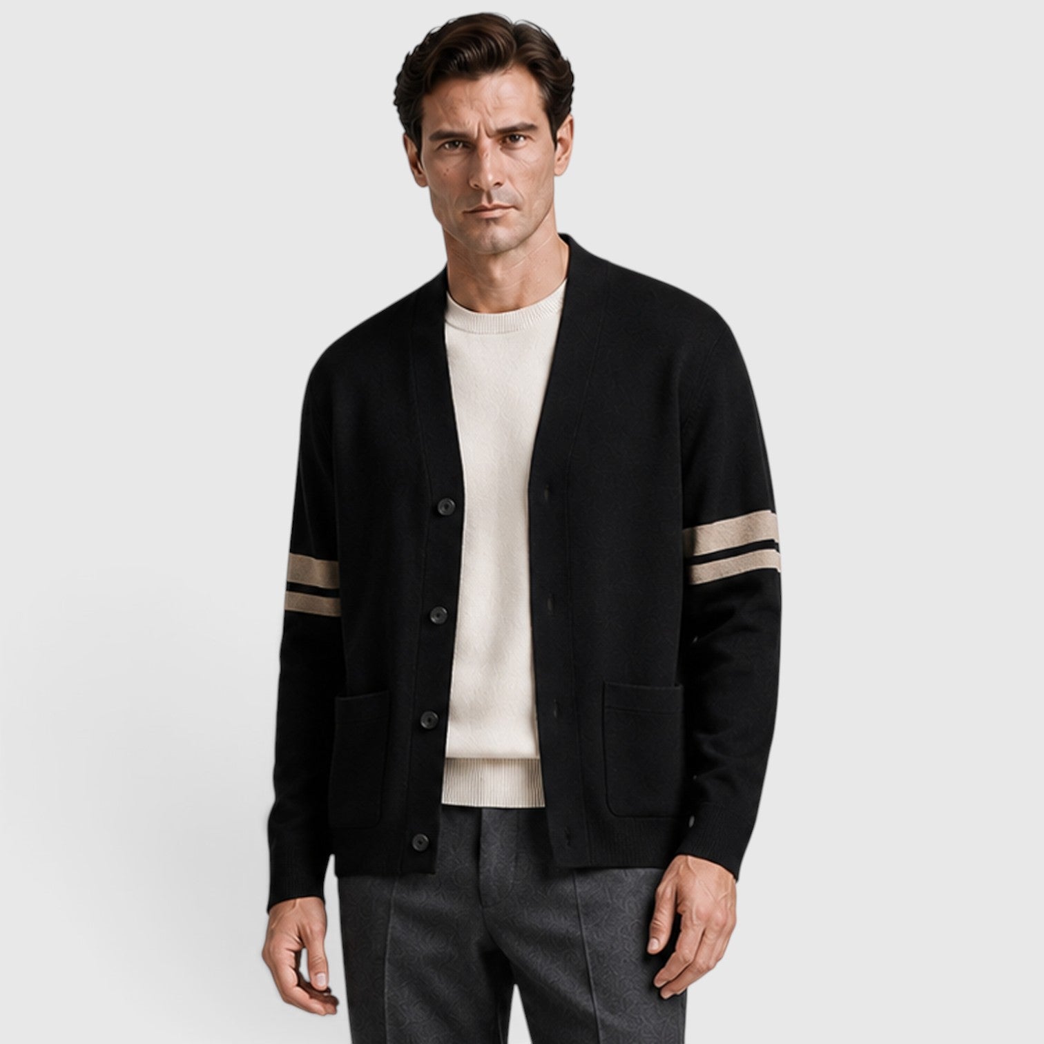 Monvaline | Men’s Knitted Cardigan – Stripe Detail Button Front