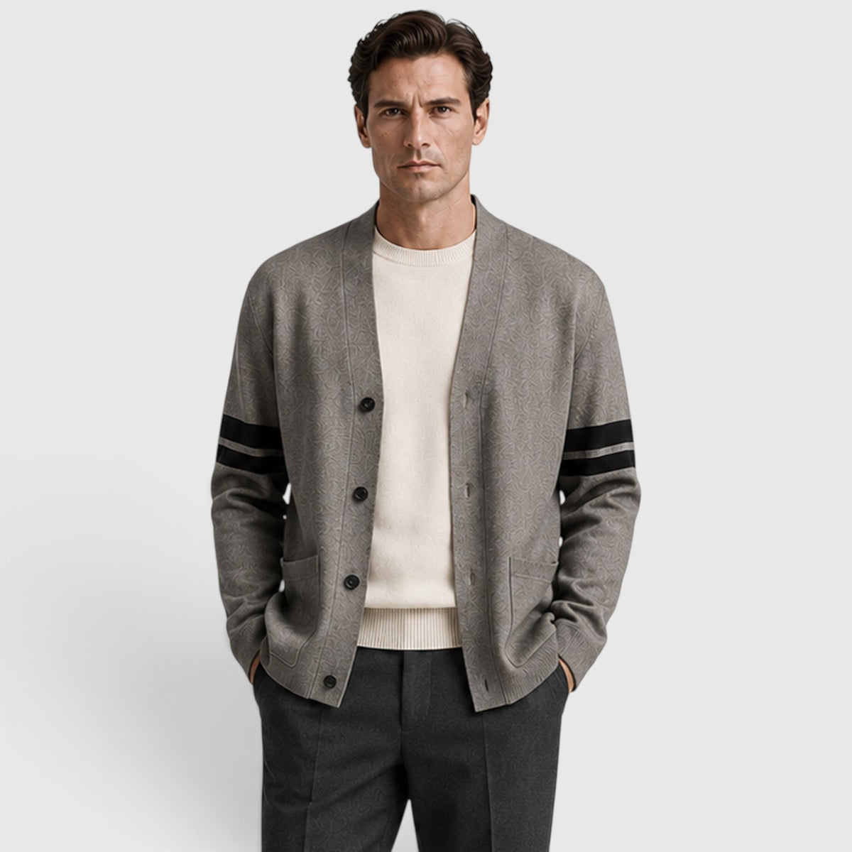 Monvaline | Men’s Knitted Cardigan – Stripe Detail Button Front