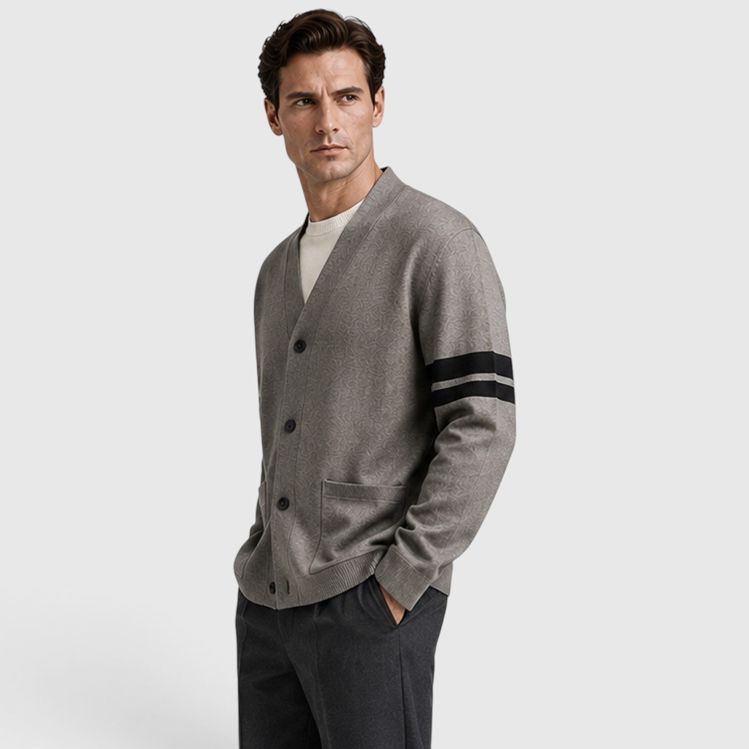 Monvaline | Men’s Knitted Cardigan – Stripe Detail Button Front