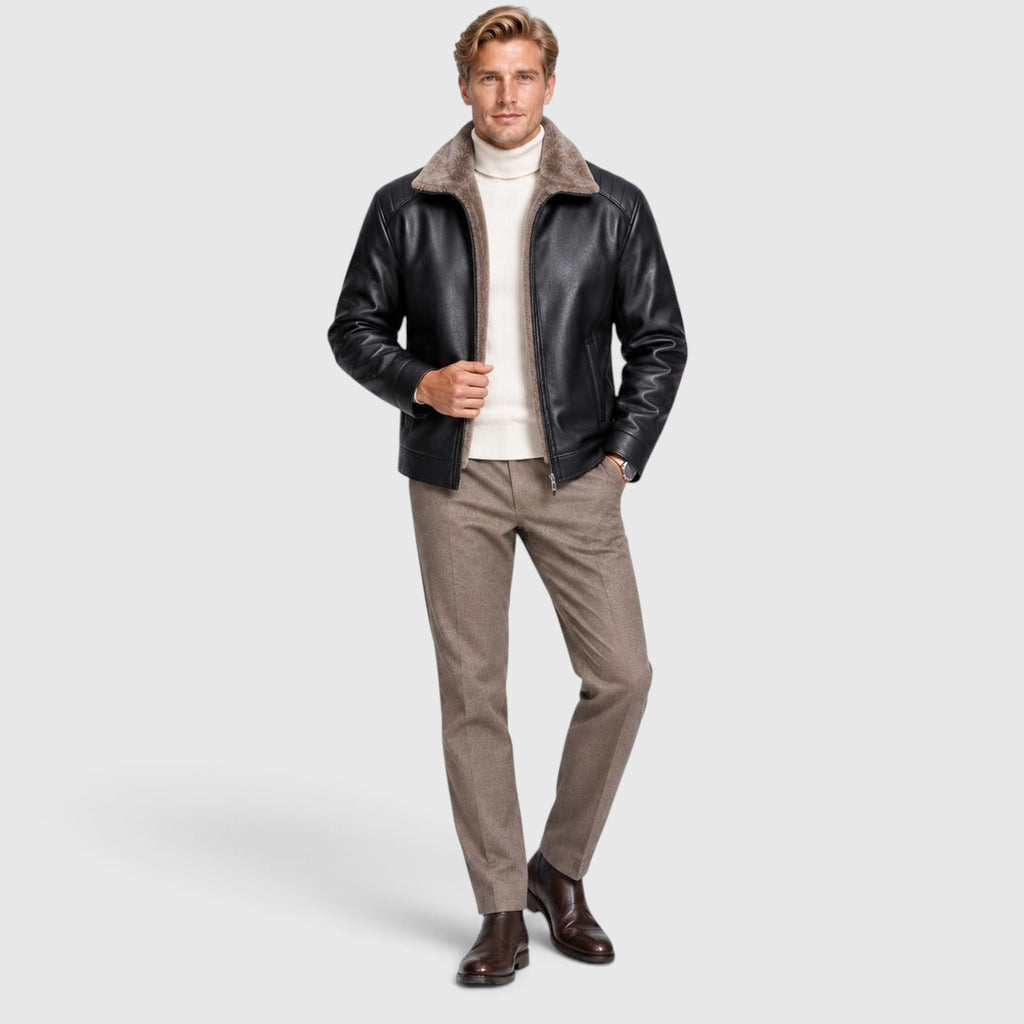 Monvaline | Men’s Leather Jacket with Stand Collar for Cold Weather