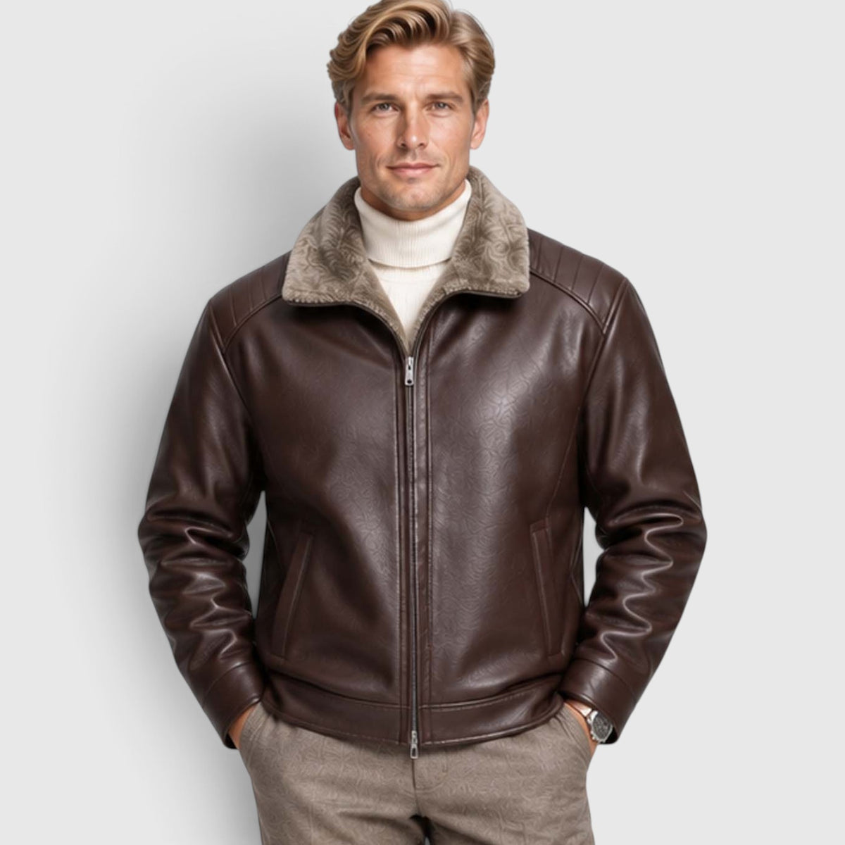 Monvaline | Men’s Leather Jacket with Stand Collar for Cold Weather