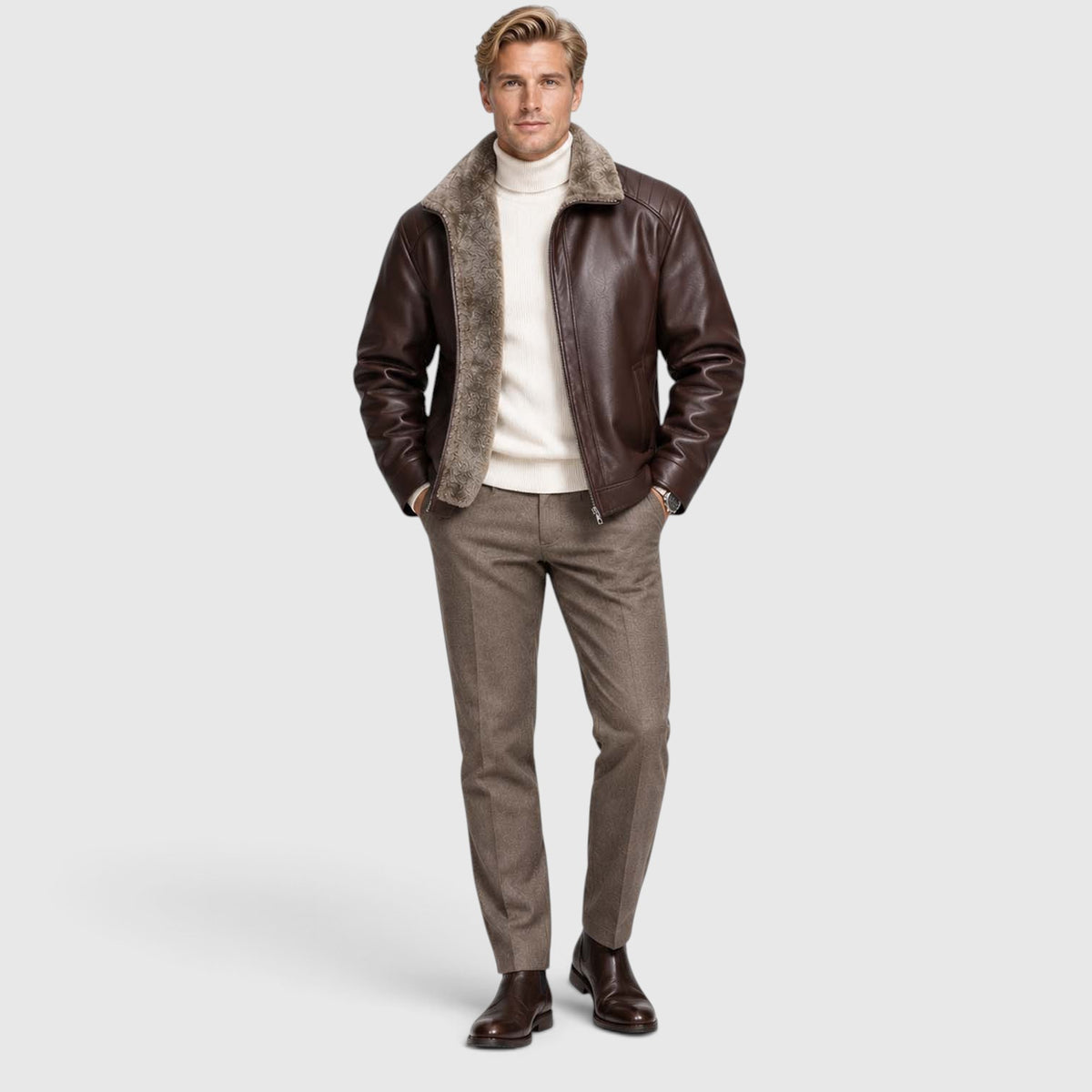 Monvaline | Men’s Leather Jacket with Stand Collar for Cold Weather