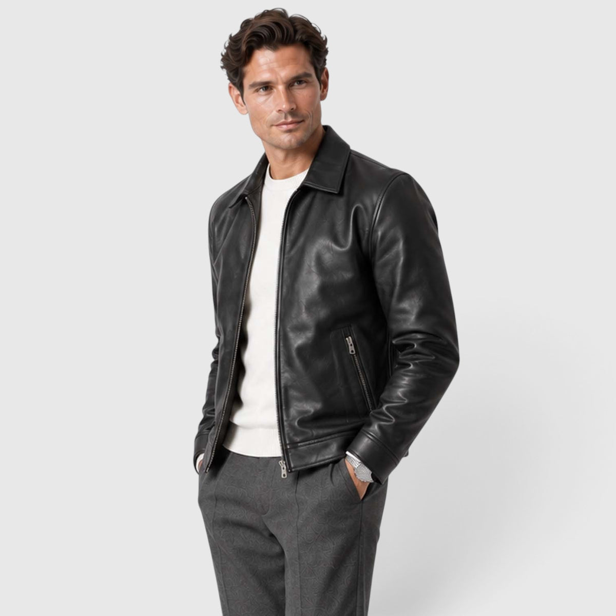 Monvaline | Men’s Leather-Look Zip Jacket Regular Fit for Smart Casual Style