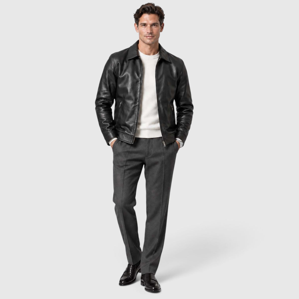 Monvaline | Men’s Leather-Look Zip Jacket Regular Fit for Smart Casual Style