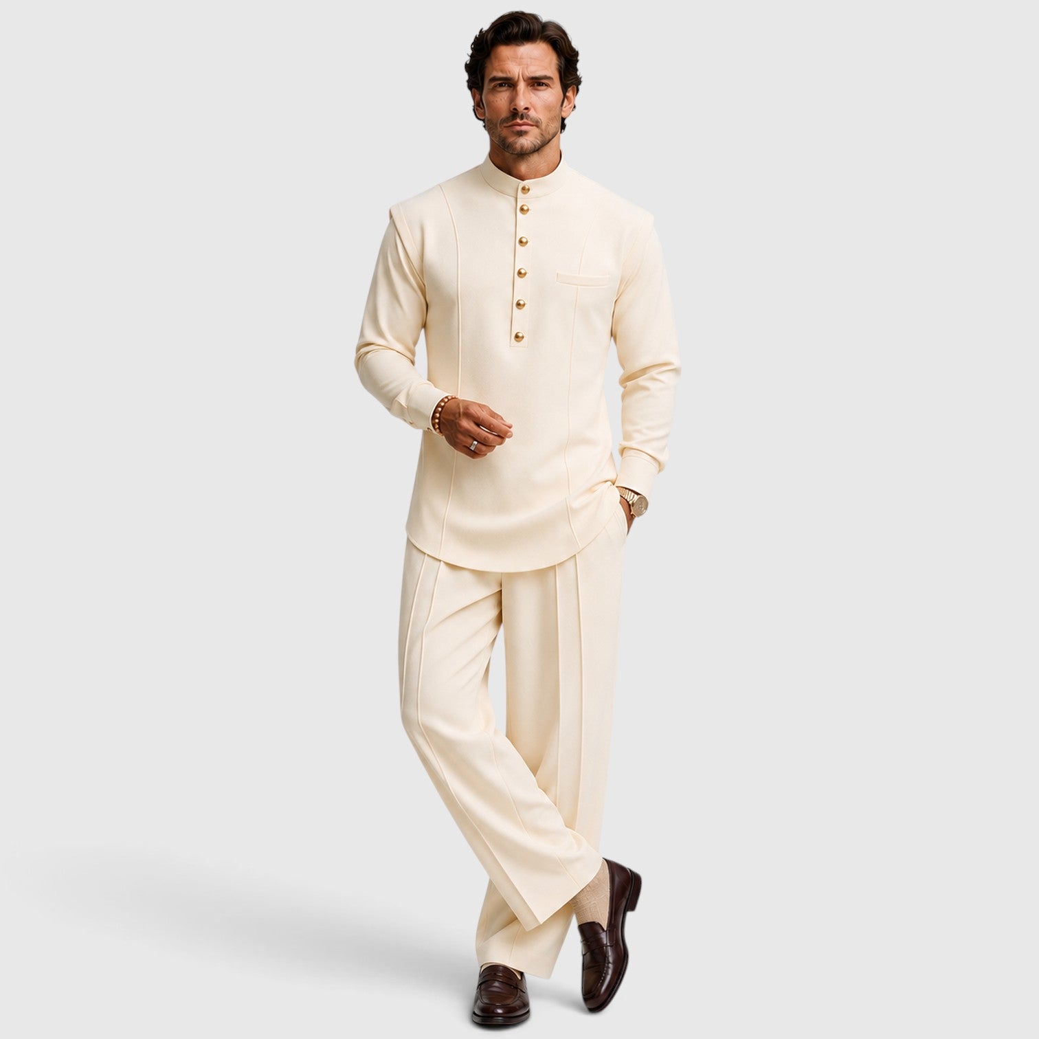 Monvaline | Men’s Mandarin Collar Two-Piece Set – Wide-Leg Trousers