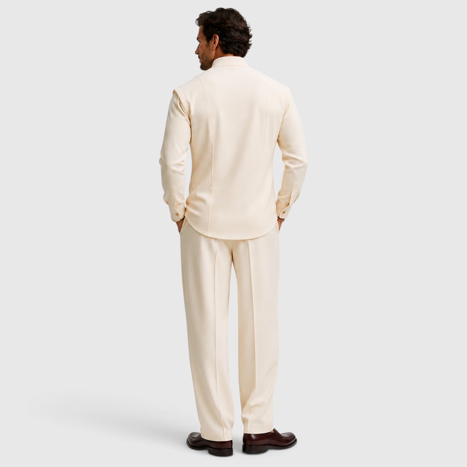 Monvaline | Men’s Mandarin Collar Two-Piece Set – Wide-Leg Trousers