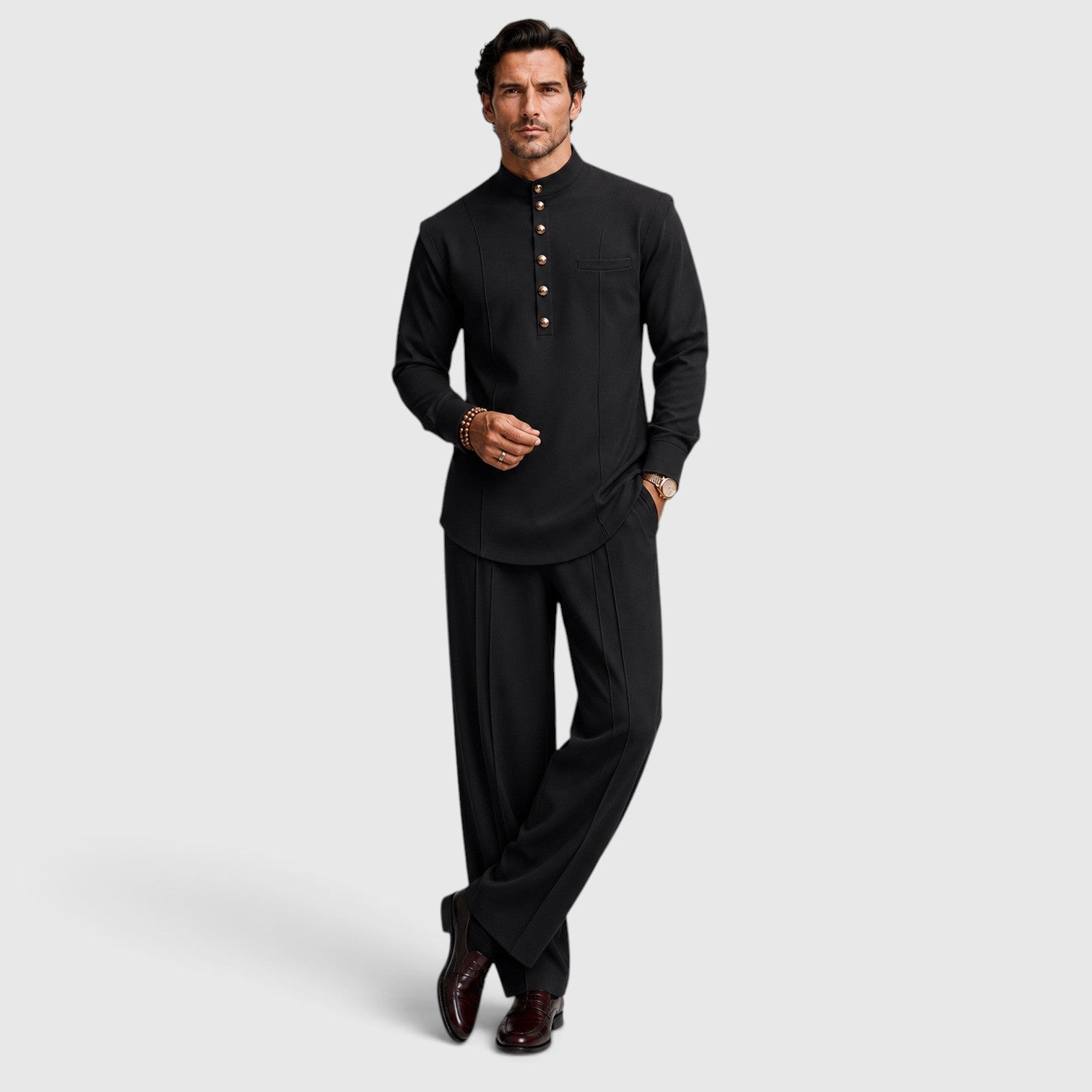 Monvaline | Men’s Mandarin Collar Two-Piece Set – Wide-Leg Trousers