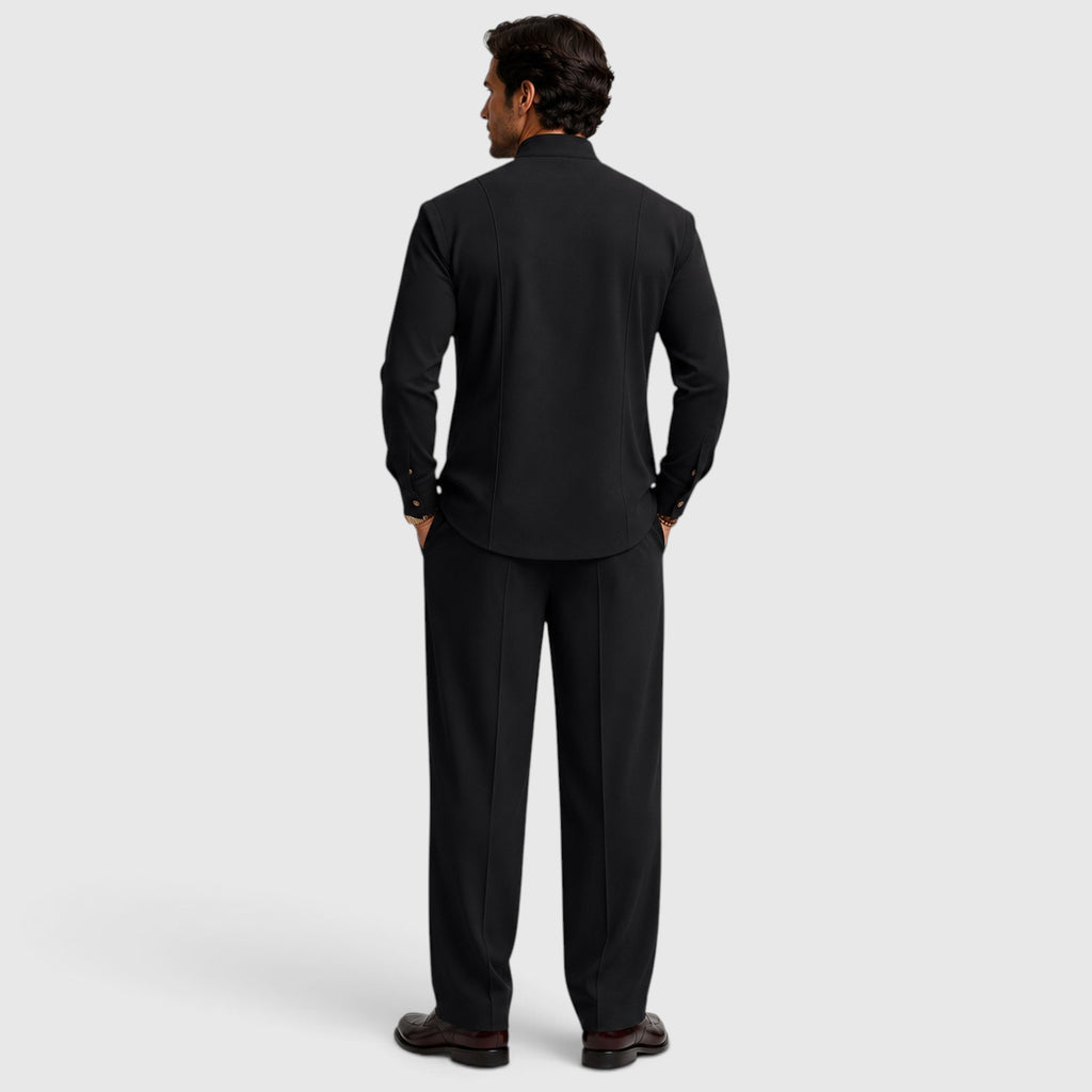 Monvaline | Men’s Mandarin Collar Two-Piece Set – Wide-Leg Trousers