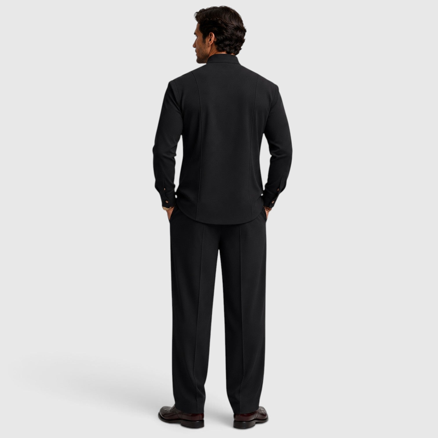 Monvaline | Men’s Mandarin Collar Two-Piece Set – Wide-Leg Trousers