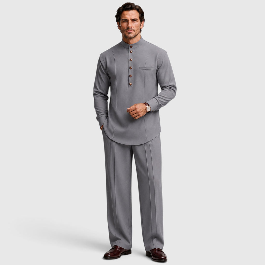 Monvaline | Men’s Mandarin Collar Two-Piece Set – Wide-Leg Trousers