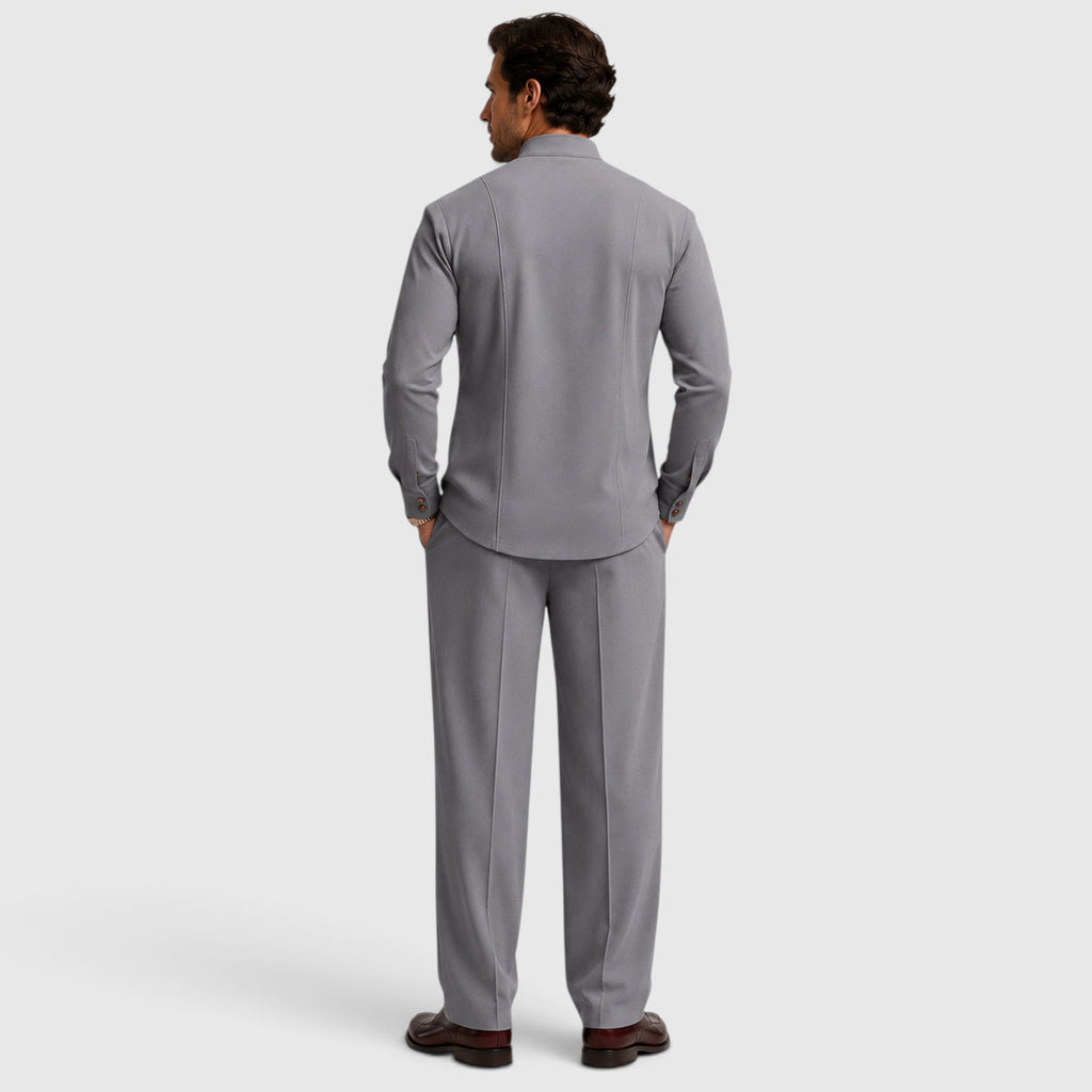 Monvaline | Men’s Mandarin Collar Two-Piece Set – Wide-Leg Trousers
