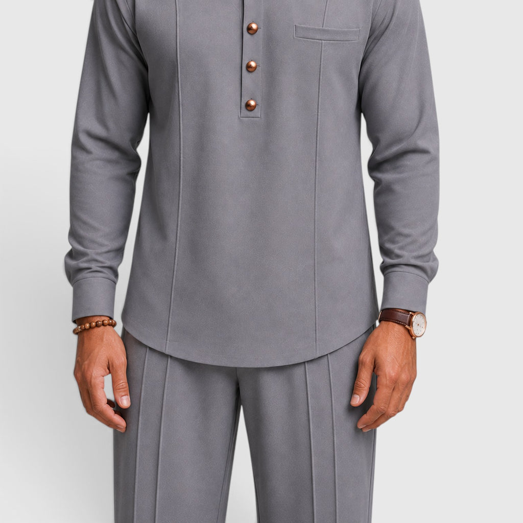 Monvaline | Men’s Mandarin Collar Two-Piece Set – Wide-Leg Trousers