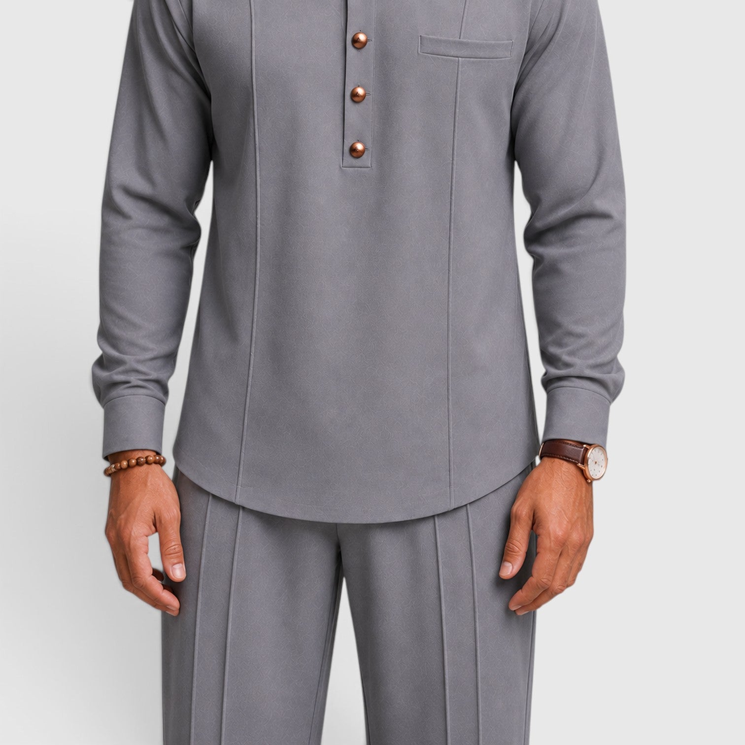 Monvaline | Men’s Mandarin Collar Two-Piece Set – Wide-Leg Trousers