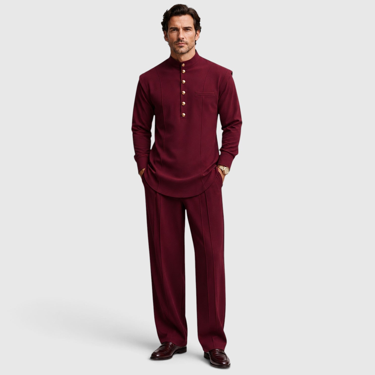 Monvaline | Men’s Mandarin Collar Two-Piece Set – Wide-Leg Trousers