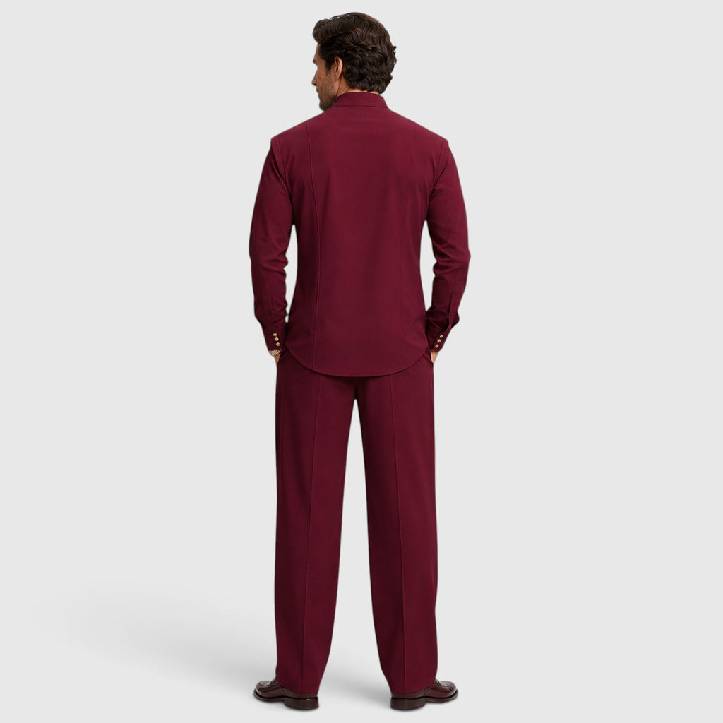 Monvaline | Men’s Mandarin Collar Two-Piece Set – Wide-Leg Trousers