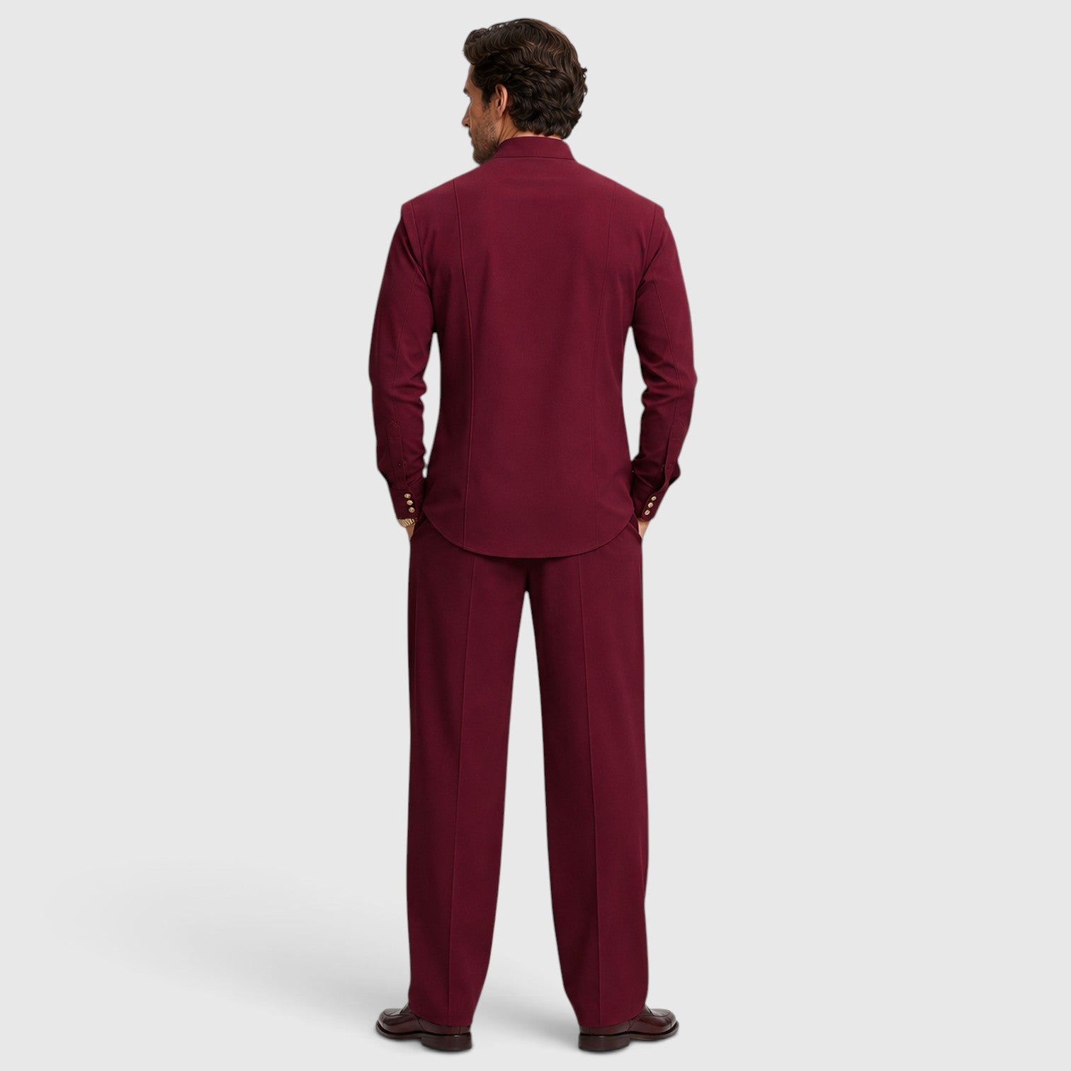 Monvaline | Men’s Mandarin Collar Two-Piece Set – Wide-Leg Trousers