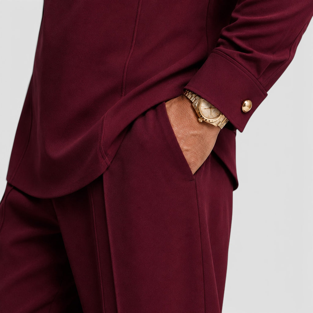 Monvaline | Men’s Mandarin Collar Two-Piece Set – Wide-Leg Trousers