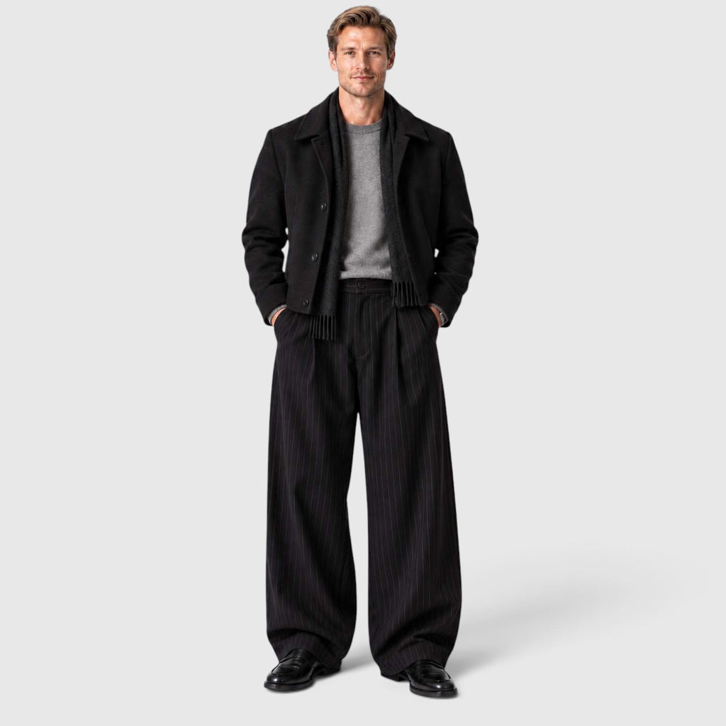 Monvaline | Men’s Pinstripe Wide Leg Trousers for Smart Casual Outfits