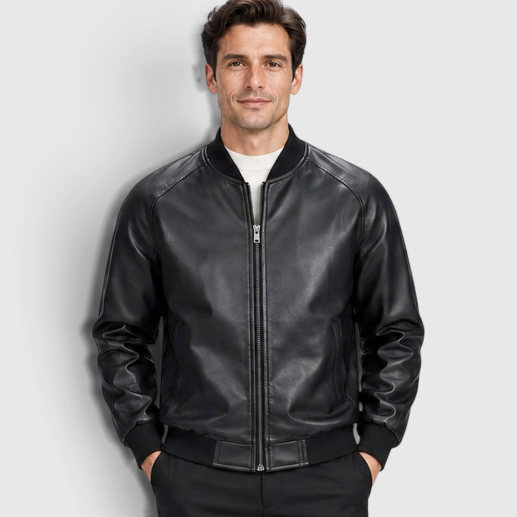 Monvaline | Men’s Leather Jacket with Classic Stand Collar