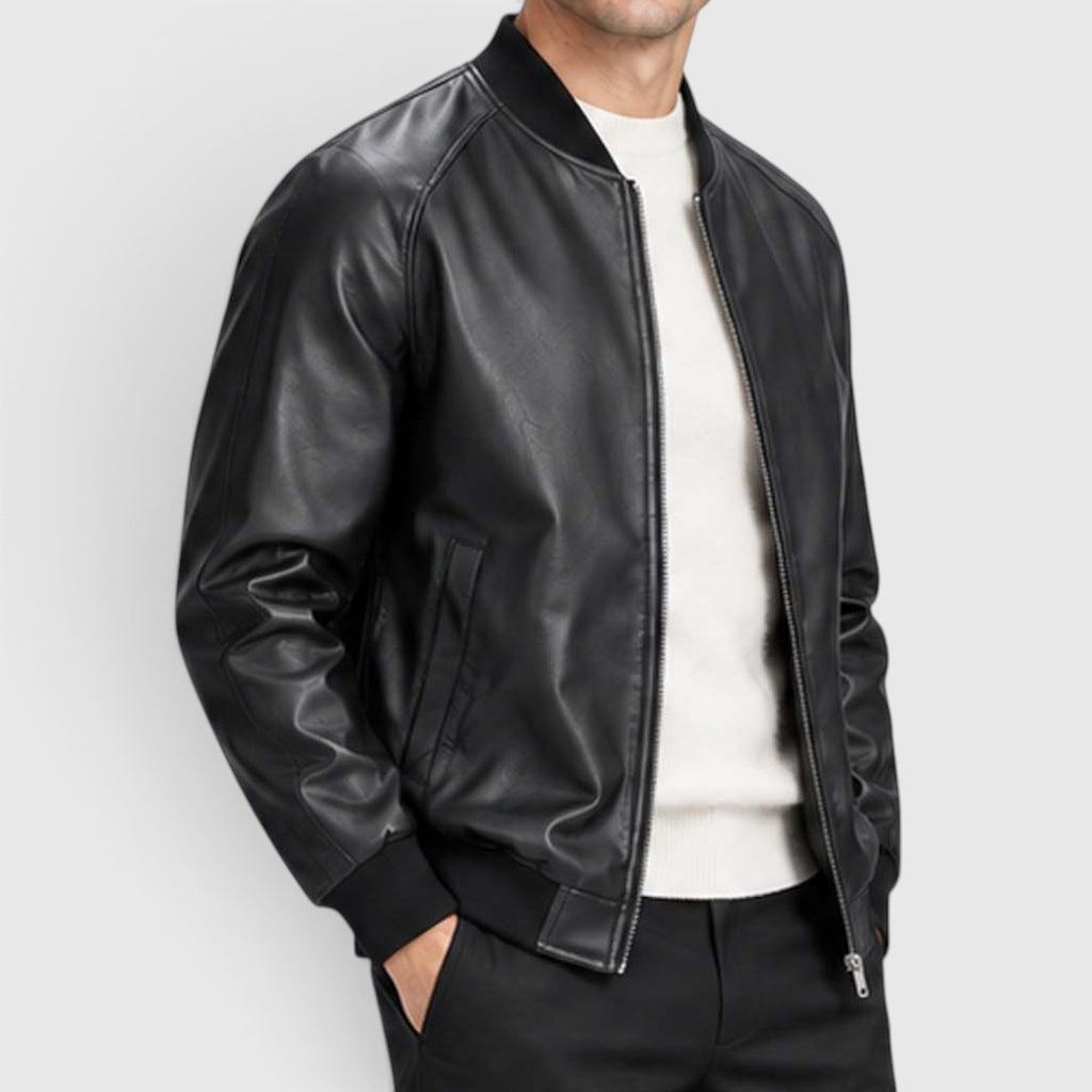 Monvaline | Men’s Leather Jacket with Classic Stand Collar