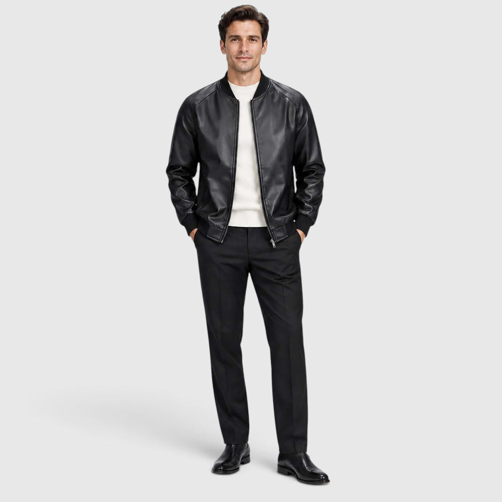 Monvaline | Men’s Leather Jacket with Classic Stand Collar