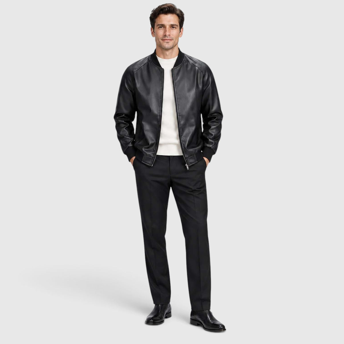 Monvaline | Men’s Leather Jacket with Classic Stand Collar