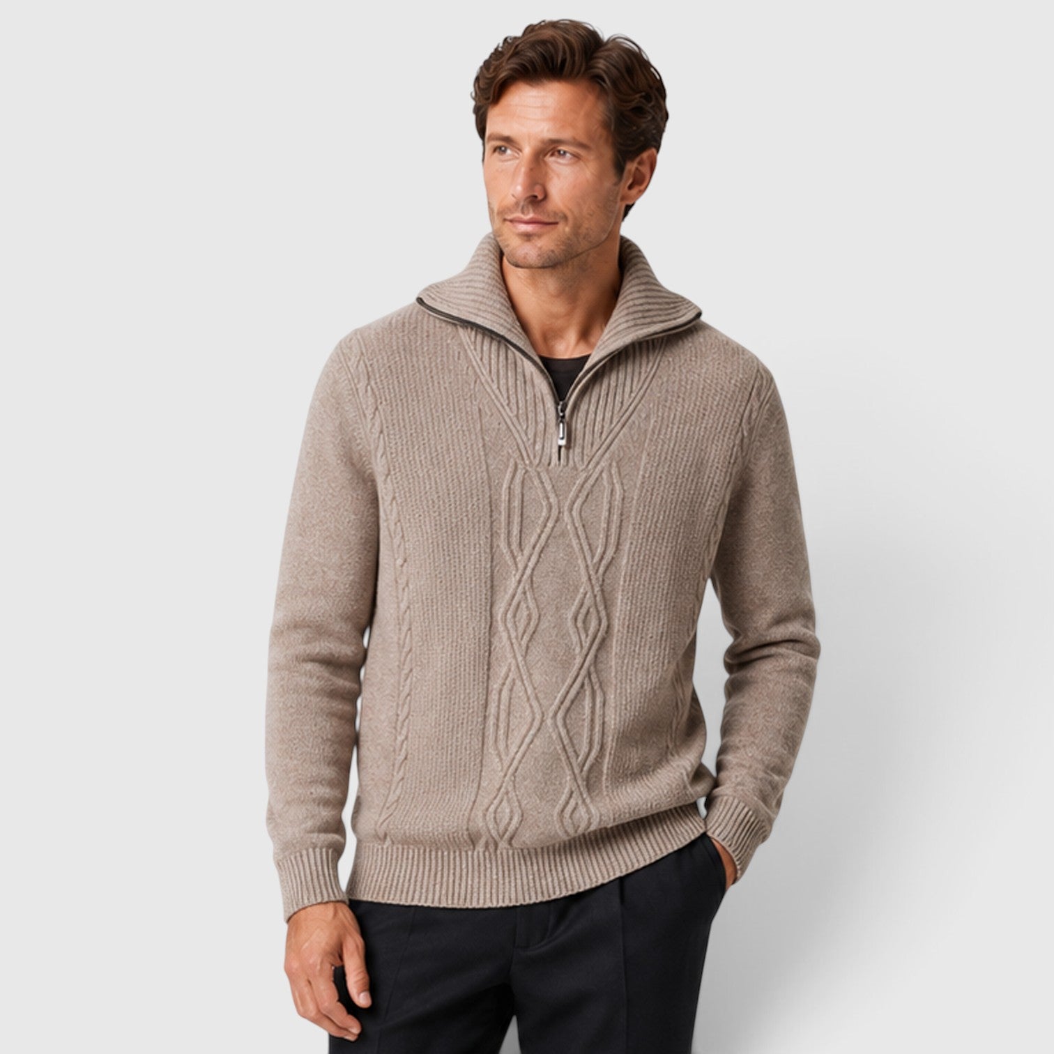 Monvaline | Men’s Pure Wool Diamond Sweater – Stand Collar Knit