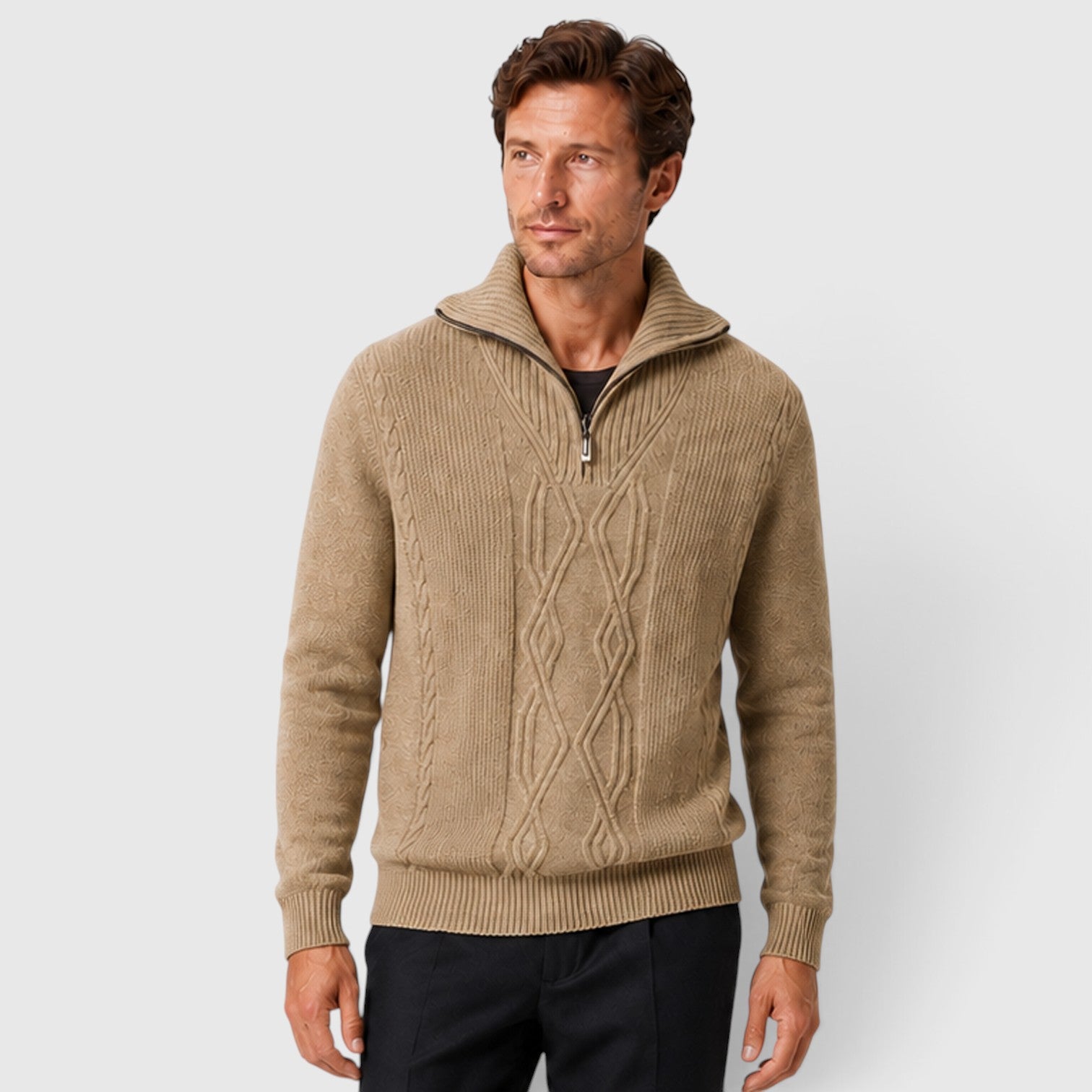 Monvaline | Men’s Pure Wool Diamond Sweater – Stand Collar Knit