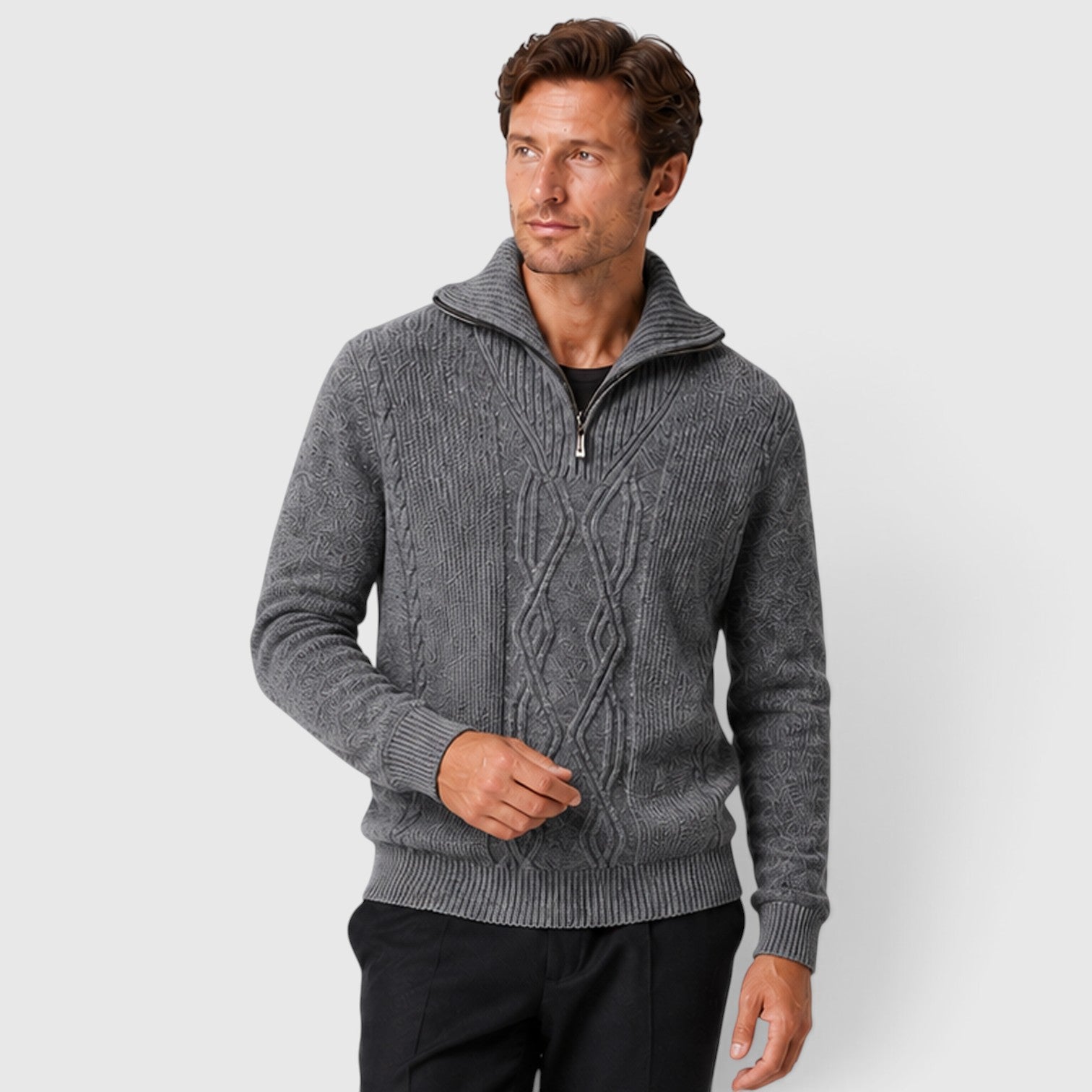 Monvaline | Men’s Pure Wool Diamond Sweater – Stand Collar Knit