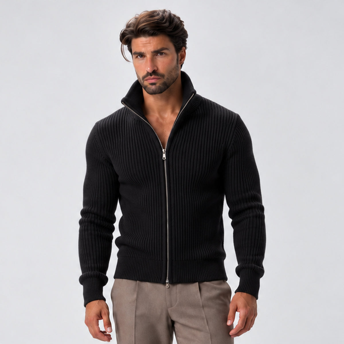 Monvaline | Men’s Ribbed Knit Zip-Up Cardigan with Stand Collar