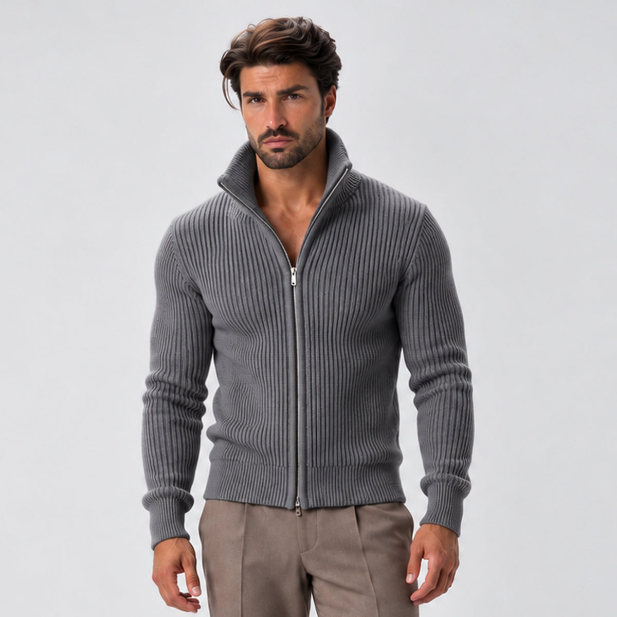 Monvaline | Men’s Ribbed Knit Zip-Up Cardigan with Stand Collar