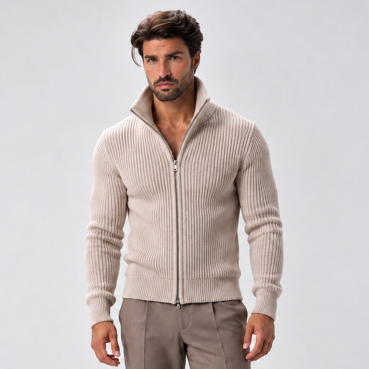 Monvaline | Men’s Ribbed Knit Zip-Up Cardigan with Stand Collar