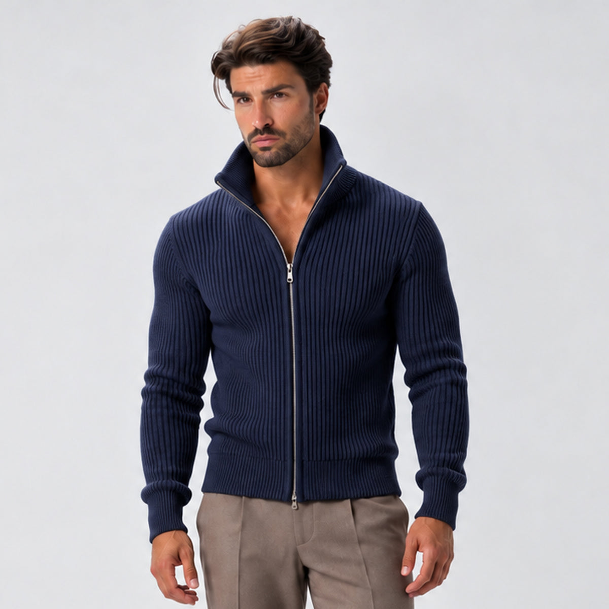 Monvaline | Men’s Ribbed Knit Zip-Up Cardigan with Stand Collar