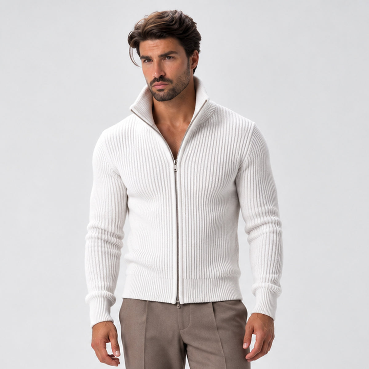 Monvaline | Men’s Ribbed Knit Zip-Up Cardigan with Stand Collar