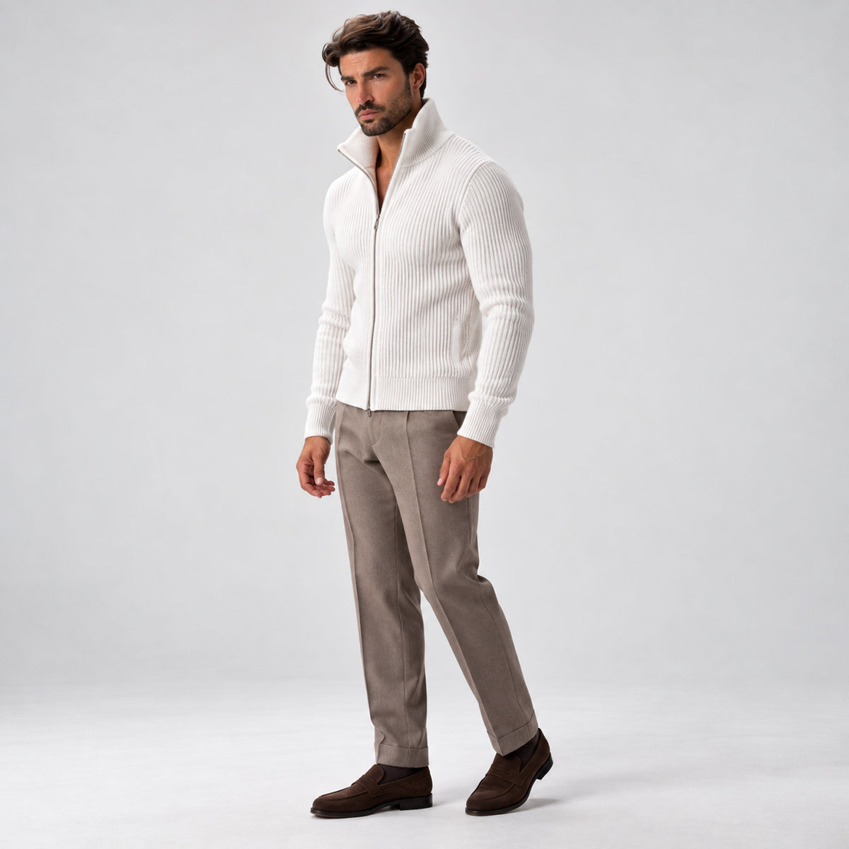 Monvaline | Men’s Ribbed Knit Zip-Up Cardigan with Stand Collar