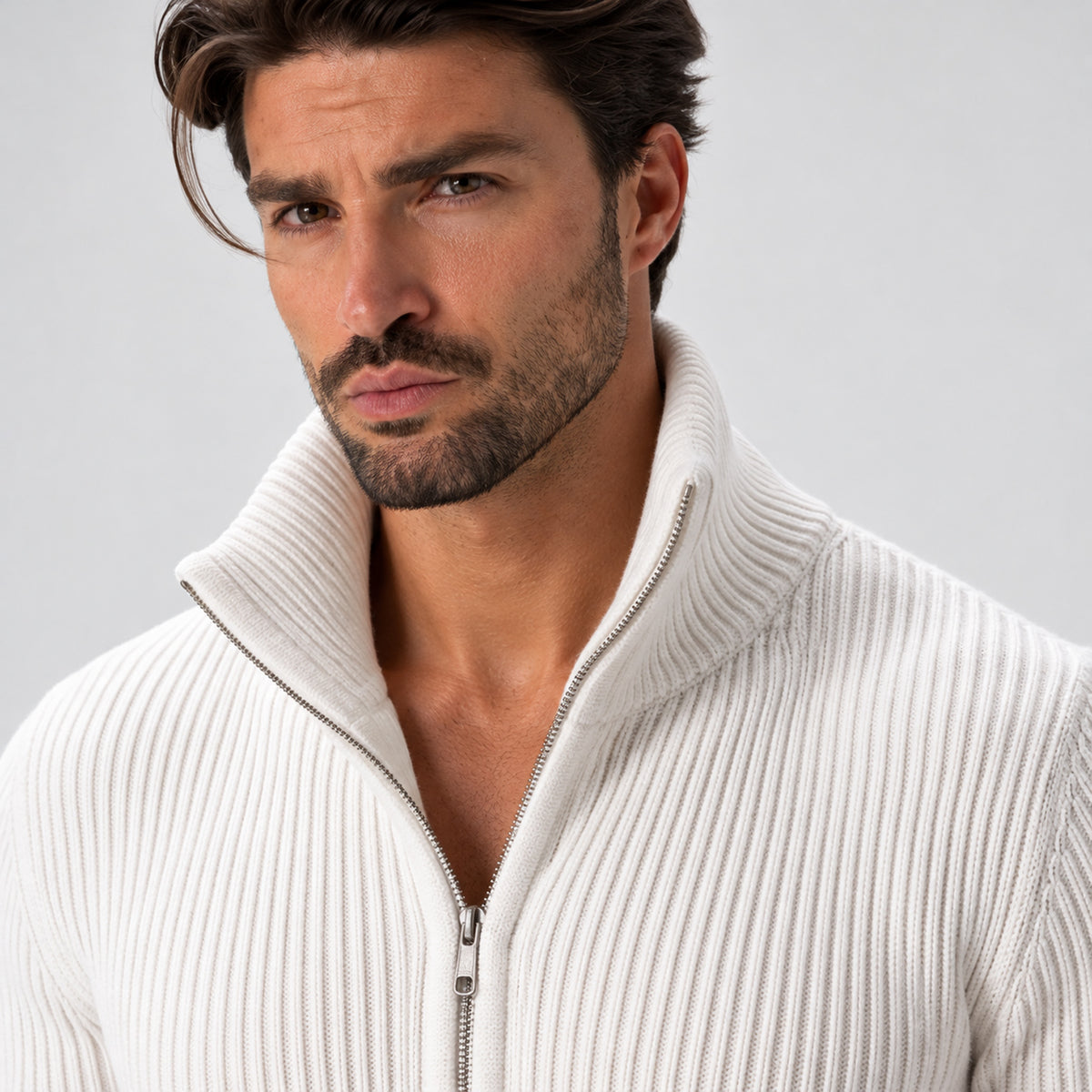 Monvaline | Men’s Ribbed Knit Zip-Up Cardigan with Stand Collar