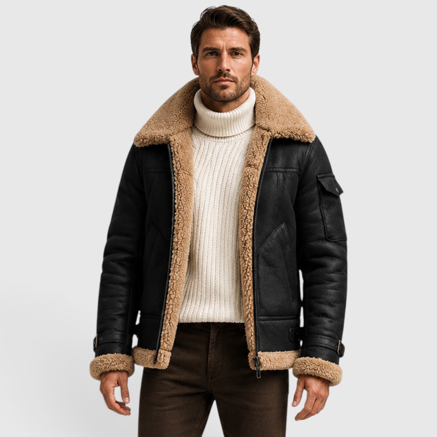 Monvaline | Men’s Shearling Leather Jacket – Faux Fur Lined